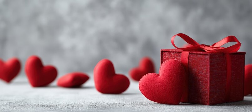 Romantic Valentine Background with Red Hearts and Gift Box