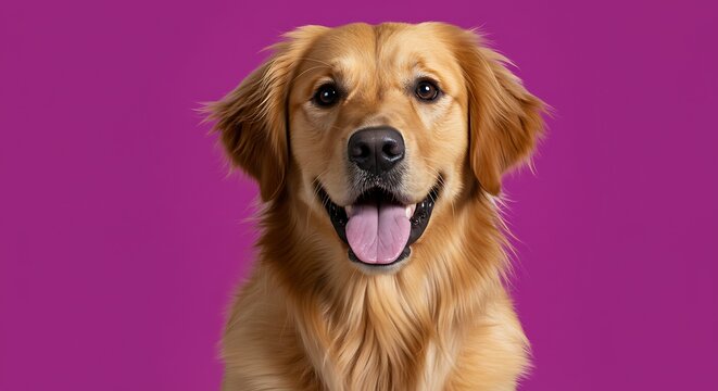 Portrait of a golden retriever dog with a happy expression, isolated on a vibrant pink background
