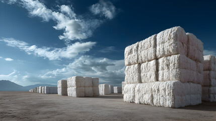 Large stacks of raw cotton bales stored outdoors under a dramatic sky