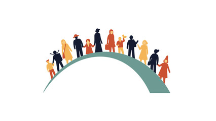 A blue graphic illustration of people standing around a globe on a white background with a swoosh design element.