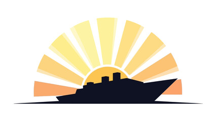 A black silhouette of a cruise ship sailing in front of a vibrant orange and yellow sunset with rays, on a white background.