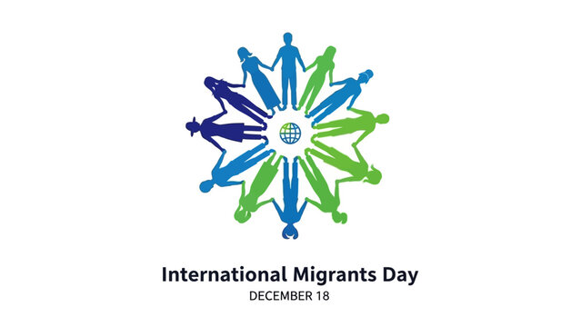A logo for International Migrants Day features diverse human figures forming a star on a white background with text below.