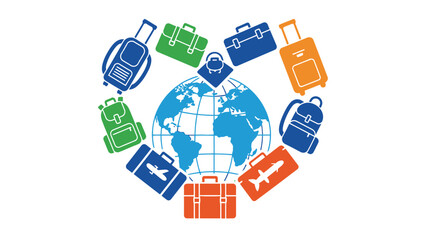 A blue globe surrounded by various colorful luggage and travel bags in a circular arrangement on a white background.
