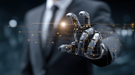 Fototapeta premium Futuristic robotic hand interacts with digital interface
