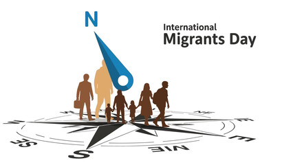 A group of diverse people stand on a compass with a blue directional arrow pointing north on a white background celebrating International Migrants Day.