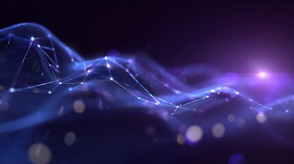 Abstract Network of Interconnected Nodes with Lens Flare on Dark Background