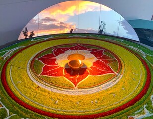 Mesmerizing rangoli art with a radiant diya illuminating vibrant colors under a captivating sunset