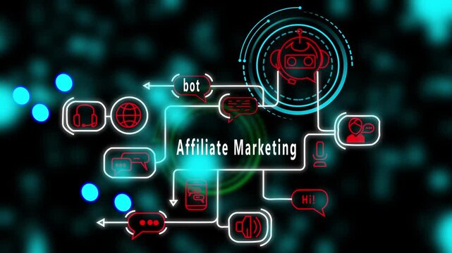 Affiliate Marketing, futuristic AI interface animation with neon communication paths, smart chatbot icons, digital network flow, modern tech diagram for advanced projects