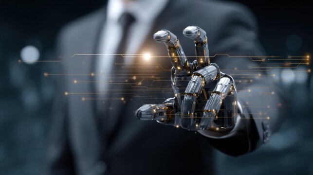 Futuristic robotic hand interacts with digital interface