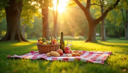 Picnic in sunny park. Fruits wine and snacks on blanket. Wicker basket with apples peaches and oranges. Glass bottle with wine. Green grass sunny weather. Perfect for leisure outdoors family time.