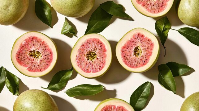 The rich colors of halved pink guava complement the roundness of whole pomelos.