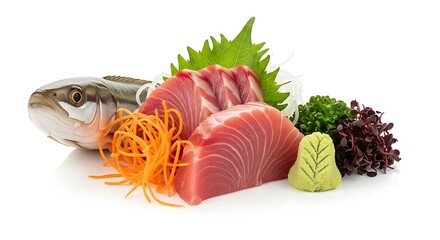 Tuna sashimi with fish head and wasabi isolated on white background