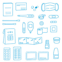 手描き風シンプルな薬や医療用具セット
