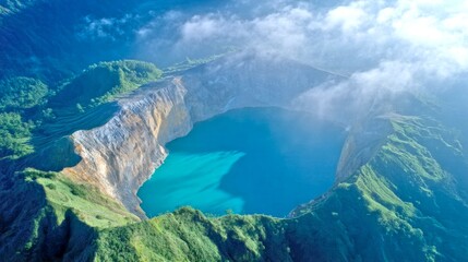 A breathtaking aerial view of a volcanic crater lake surrounded by lush greenery. The clear blue water reflects the sky, creating a serene atmosphere. Perfect for nature lovers. AI
