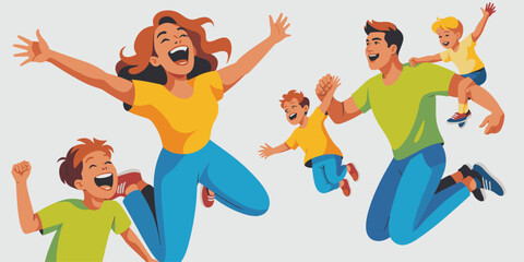 Joyful family of five parents and excited children leaping high mid-air, celebrating happiness, togetherness, and active freedom. Vibrant modern flat vector illustration featuring a carefree summer li