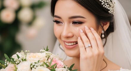 A bride with a bouquet of flowers and a veil, smiling and crying.