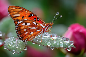Butterfly on dewy leaf with pink flowers