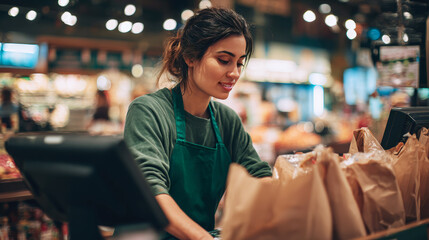 Grocery Checkout Worker in Green Apron Bagging Groceries Under Bright Store Lights