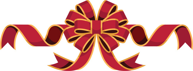 Luxurious deep burgundy red ribbon bow graphic illustration, a classic festive decorative element with golden lining, isolated on white background, ideal for Christmas holiday packaging, formal event