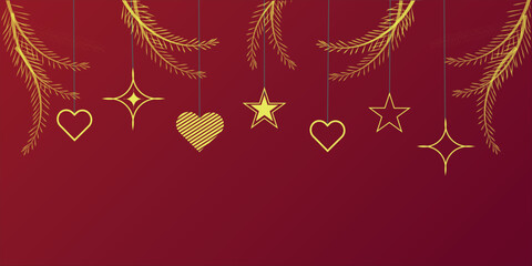 Elegant golden christmas ornaments and pine branches against a deep red background