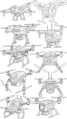 Obraz premium Set of Modern Drone Designs with Visible Internal Structure and Various Camera Mounts Drone Technology Innovation and Recreational Use Vector Illustration Template Exactly 200 Characters