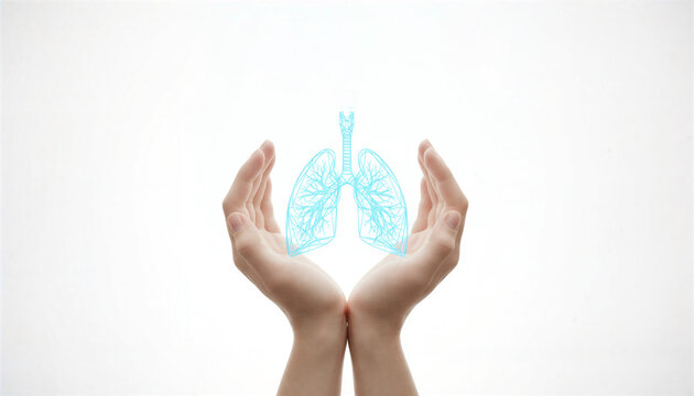 The lungs are rendered in a bright, luminous cyan or light blue color with hands for helth awreness 