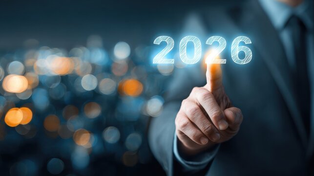 Man touching glowing 2026 year on screen