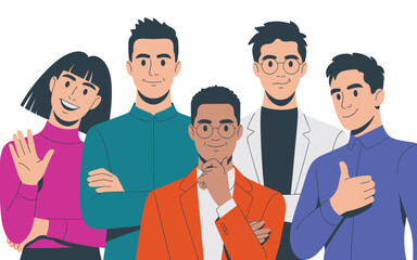 Professional multi-ethnic diverse business team of five corporate staff members, including a woman and men in smart attire, posing confidently in a modern flat design vector illustration, symbolizing