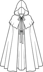 Hooded cloak technical sketch, tied ribbon closure, flowing full-length garment, fashion design, cad drawing flat vector illustration, costume concept