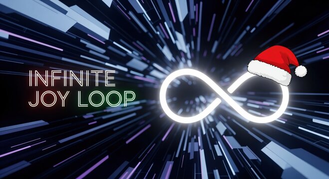 Infinite Joy Loop text with glowing infinity symbol wearing a Santa hat in a futuristic digital tunnel background, representing endless holiday happiness and festive technology.