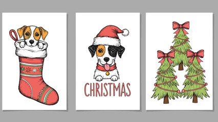 Three hand-drawn Christmas illustrations featuring cute puppies in a stocking and Santa hat, alongside decorated festive trees.