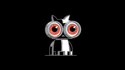 Illustration of a robot cat with large red eyes, set against a black background.