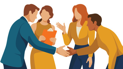 Corporate business professionals concluding a successful partnership with a friendly handshake agreement and negotiation discussion, showcasing diverse teamwork, planning strategy, and collaborative e