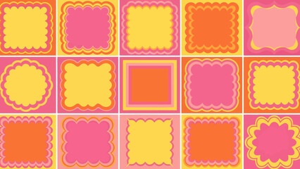 A vibrant collection of retro-inspired frames and labels with scalloped edges in shades of pink, orange, and yellow.