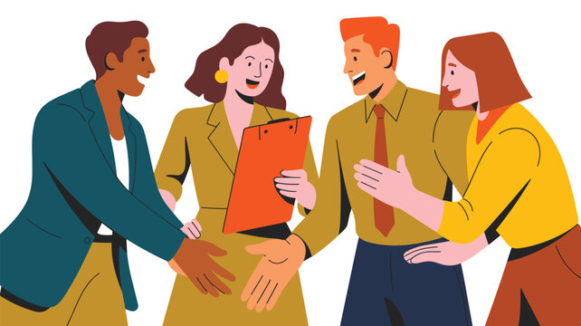 Diverse professional business team collaborating on important project documentation, discussing corporate strategy, showing successful teamwork, partnership, and agreement with friendly smiles, illust