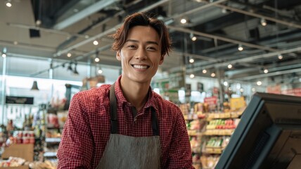Smiling Grocery Store Clerk Behind Checkout Desk in Red Checkered Shirt
