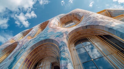 Looking up at a blue and gold building with a unique pattern, against a blue sky and clouds.