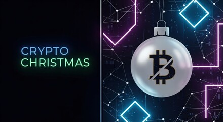 Crypto Christmas digital holiday celebration with Bitcoin ornament and futuristic glowing network background