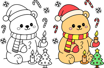 Cute christmas bear coloring pages festive holiday environment engaging line art design featuring candles and trees perfect for family fun activities