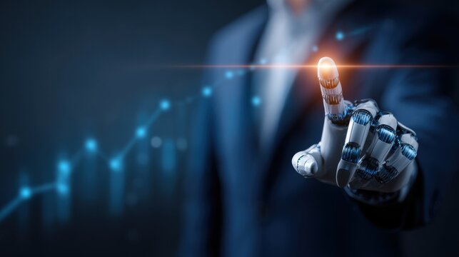 Robot hand touching glowing digital interface with graph - Powered by Adobe