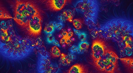 Intricate, kaleidoscopic abstract art with radiant hues of blue, orange, green, and yellow