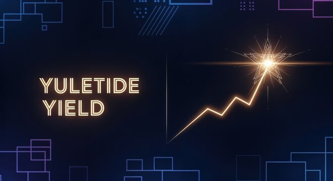 Yuletide Yield glowing text with an upward trending financial graph culminating in a bright star burst on a dark blue abstract background, symbolizing holiday season growth and success.
