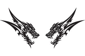 Tribal dragon heads facing each other fierce graphic design