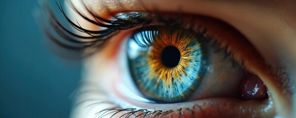 Extreme close up of human eye. Iris shows vibrant blue green brown colors blending. Long dark eyelashes frame wide open pupil. Detailed macro shot represents vision care, health, optometry, biology.