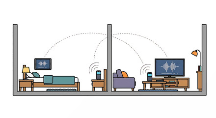Smart Home Network Devices Communicating Wirelessly Across Rooms