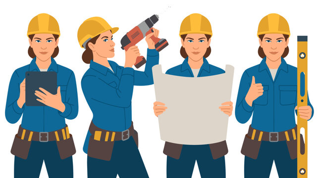 Professional female construction worker illustration showing a successful, skilled tradeswoman wearing a hard hat and tool belt, utilizing a digital tablet, reviewing architectural blueprints, operati - Powered by Adobe