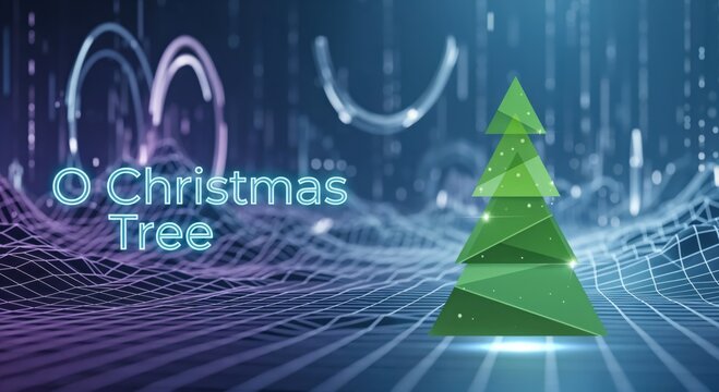 O Christmas Tree" glowing neon text with a modern geometric green Christmas tree on a futuristic digital wireframe background, festive holiday season