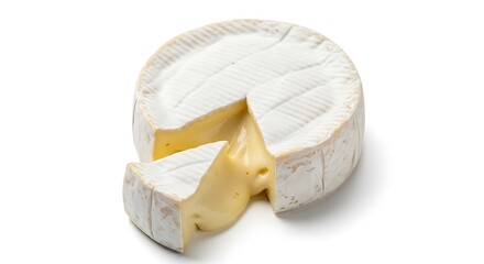 A wheel of brie cheese with a slice removed isolated on white background