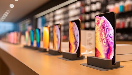 Row of modern smartphones on display in a tech store, showcasing colorful screens and sleek design, symbolizing innovation, retail technology, and consumer electronics
