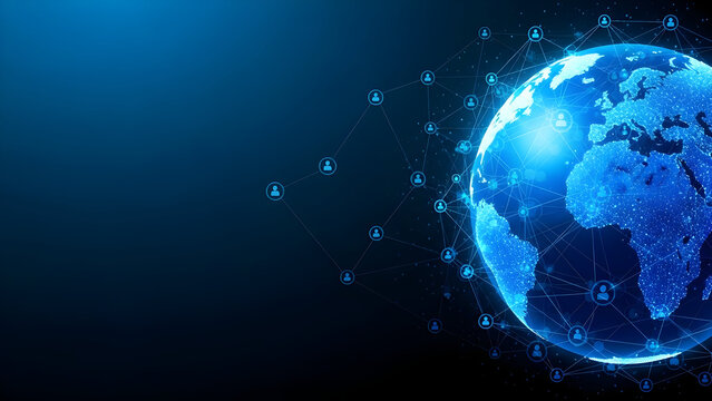 Digital earth globe with glowing connections and data flow background - Powered by Adobe